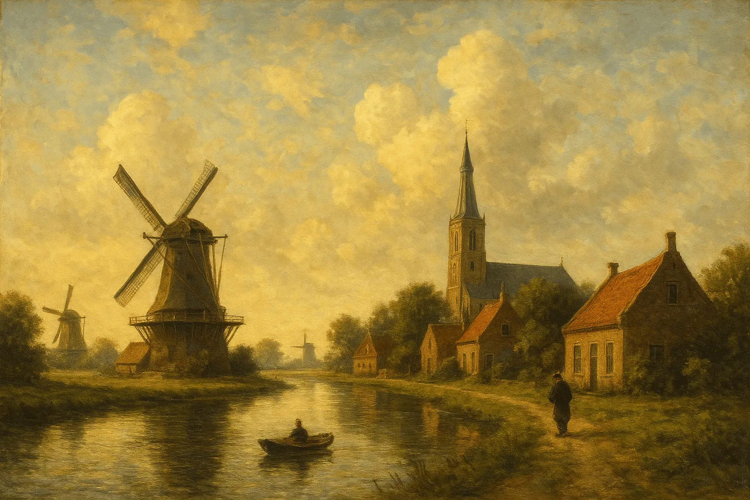 Historic landscape with windmills and a church in Pijnacker